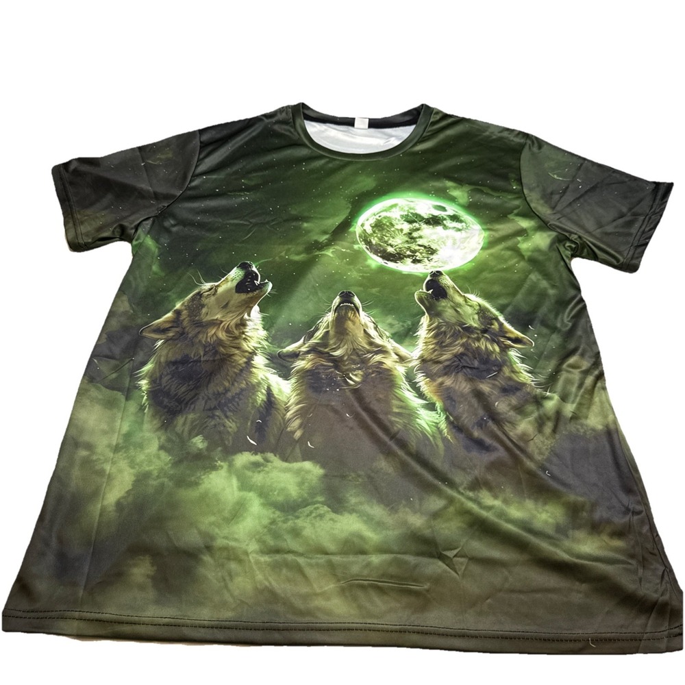 Three Wolf Moon Green Glowing‎ Graphic T Shirt All Over Print Mens Large L